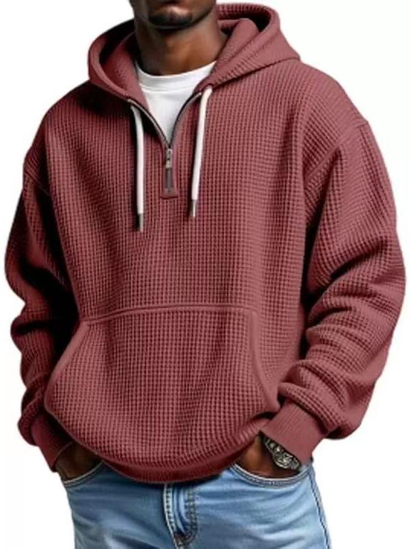 European Heavyweight Waffle Long Sleeve Hooded Sweatshirt - Men's Loose Fit, Pure Color, Casual Style