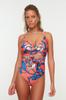 Women's New Season Swimsuit Floral Patterned Double Breasted Tied Normal Leg Swimsuit