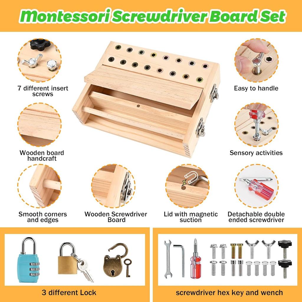 Montessori Screwdriver Board Set for Kids 3+, Lock & Key Toddler Tool Gift, Preschool Sensory Fine Motor Skills Learning Toy