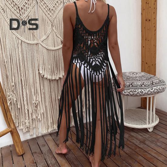 Beach Cover Up Women Sling Sleeveless Loose Fit Cutout Bikini Cover-up Dress Solid Color Sun Protection Beach Wear