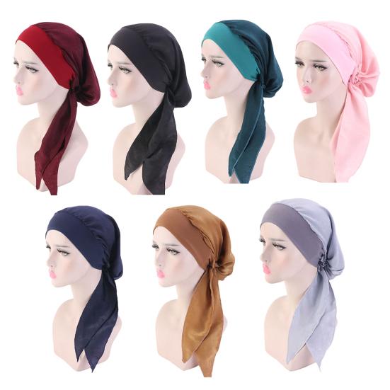 Women Bonnet Vintage Imitation Silk Solid Color Long Hair Lady Turbans for Sleeping