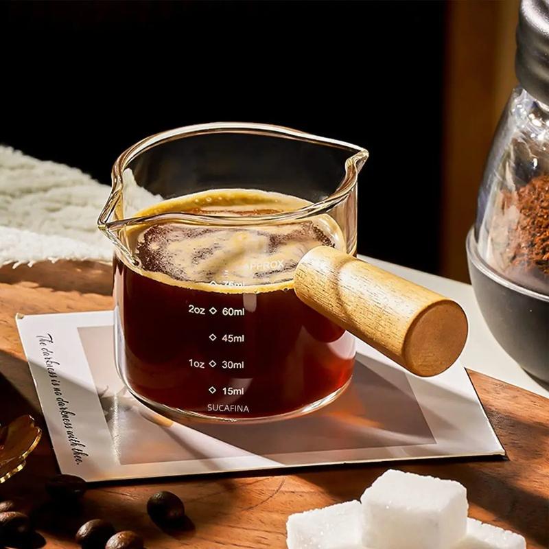 Espresso Measuring Cup 75ml Double Spout Milk Jug with Wooden Handle and Scale for Barista Coffee Latte Extraction Shot Glass
