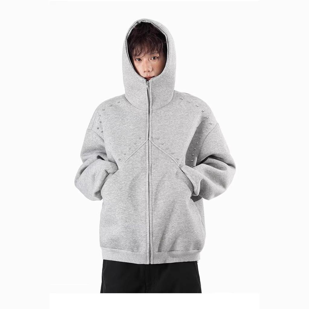 Men's Retro Rivet Hooded Cardigan: Trendy Autumn/Winter Streetwear Zipper Jacket with Plus Velvet