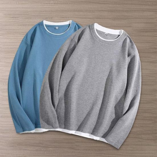 Pánské triko Falešná dvoudílná mikina s dlouhým rukávem Crew Neck Streetwear Jaro Podzim Volná Waffle mikina na denní nošení
