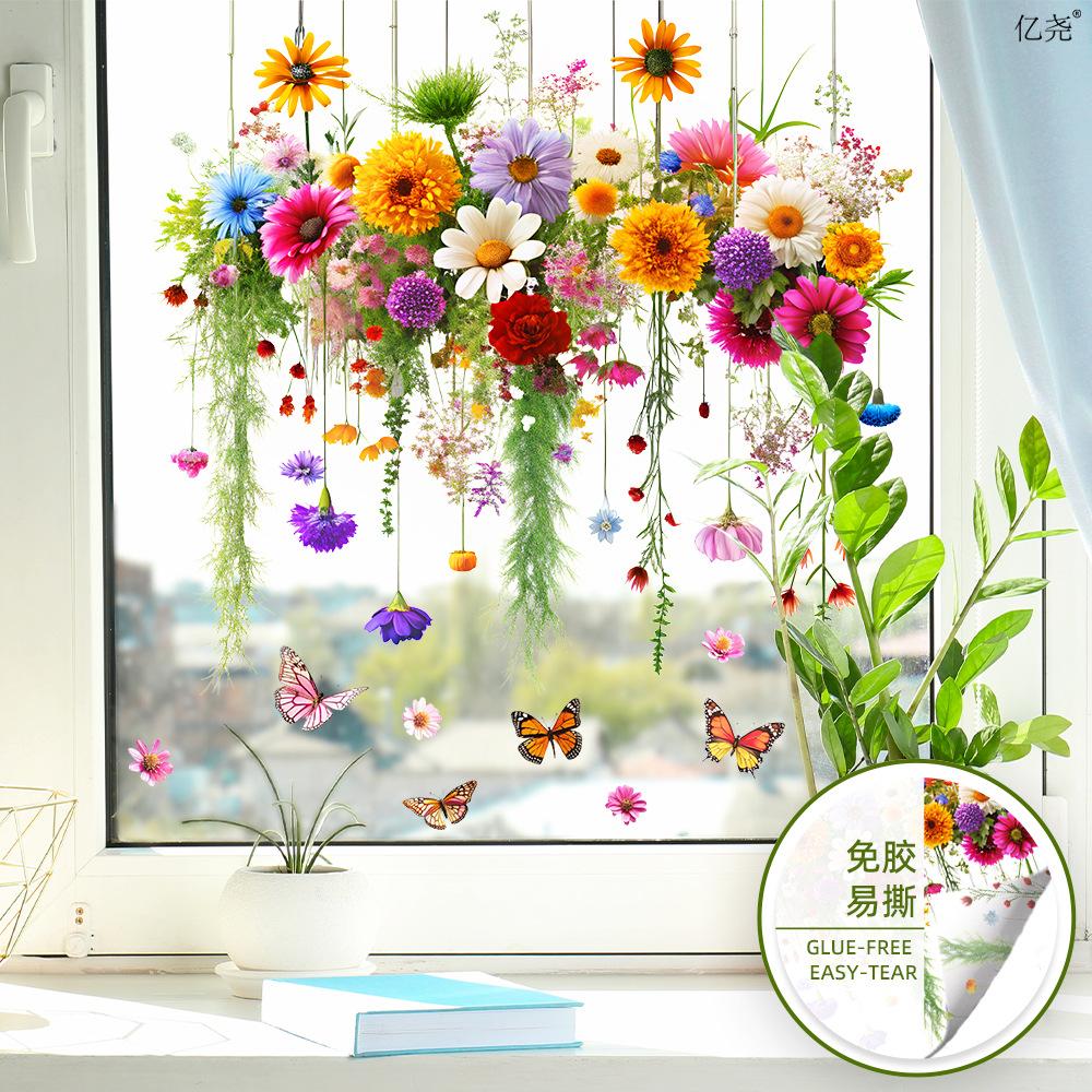 3D Hanging Orchid Chrysanthemum Static Cling Window Sticker for Dining Room Glass Door Rustic Home Decor