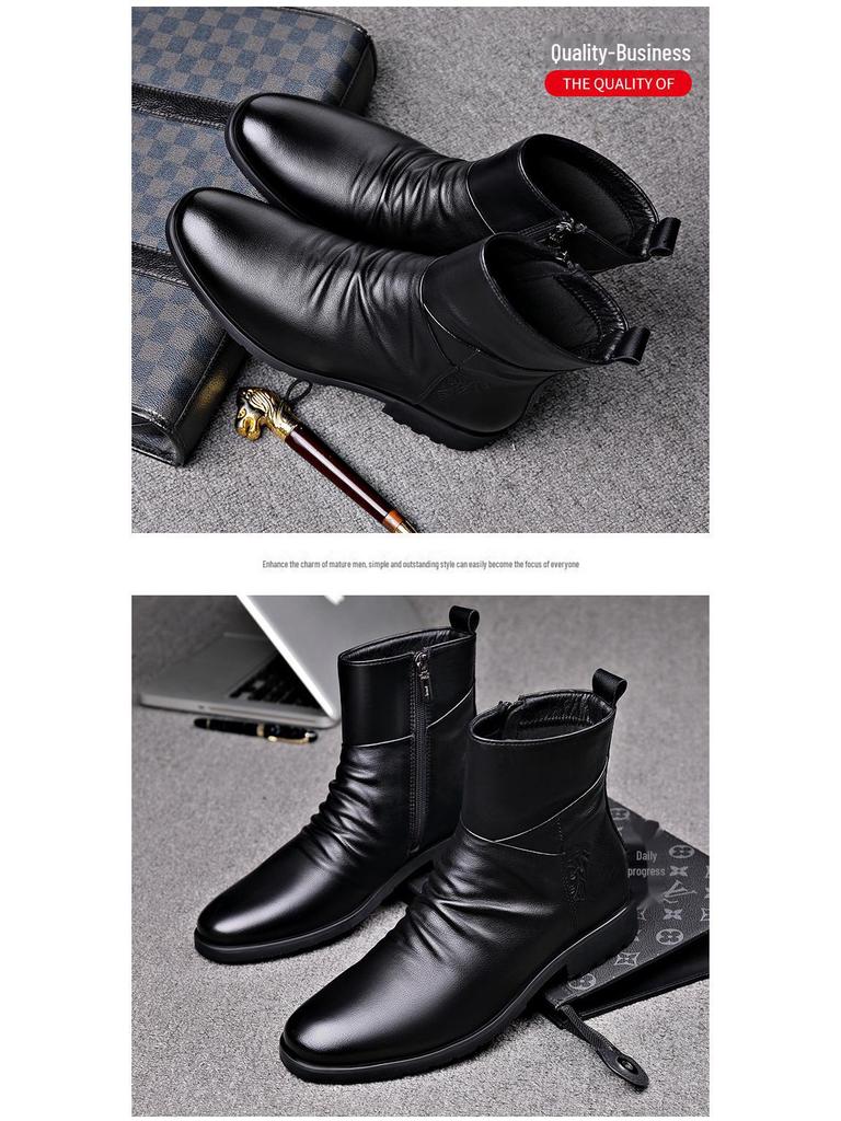 Men's Winter Casual Mid-High Martin Boots: Soft Leather, Comfortable, Fashionable, Side Zipper, Plus Velvet.