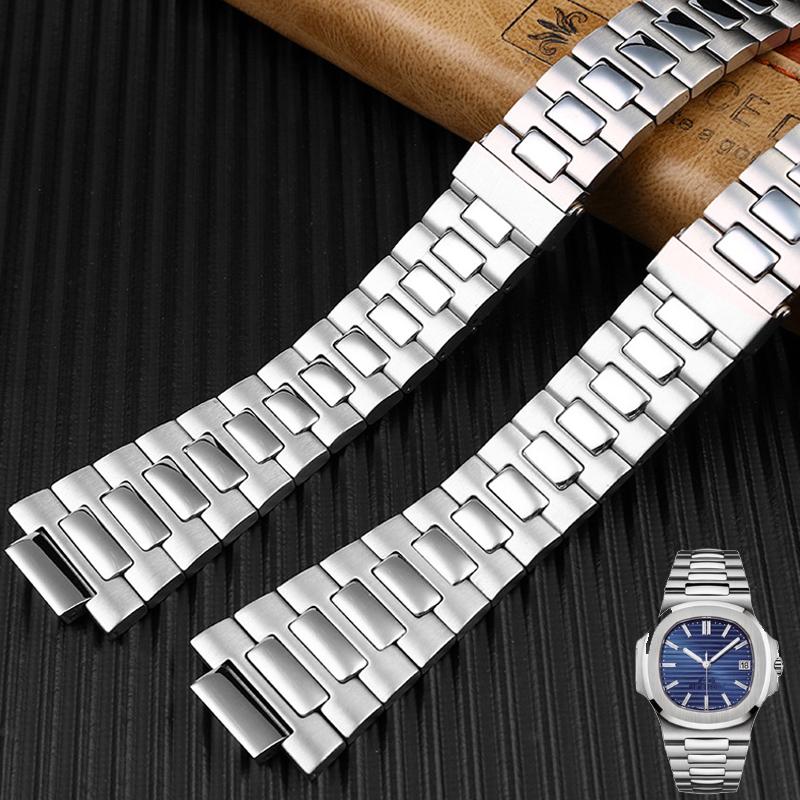 Convex Silver Stainless Steel Watchband 25x13mm Solid Links Bracelet Fit For Patek Philipp Nautilus 5711 5726 Watch Strap