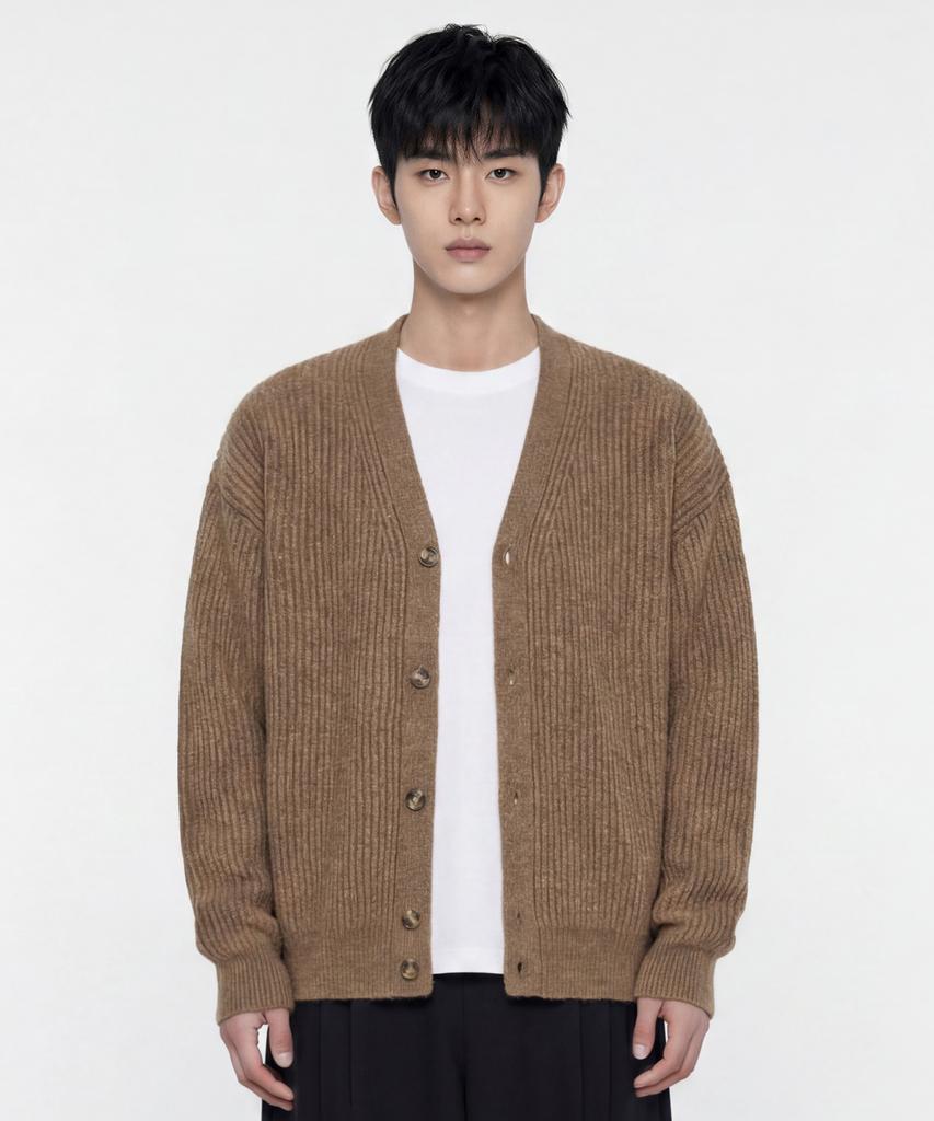 AGOD Hairy Ribbed Knit Cardigan [Camel]