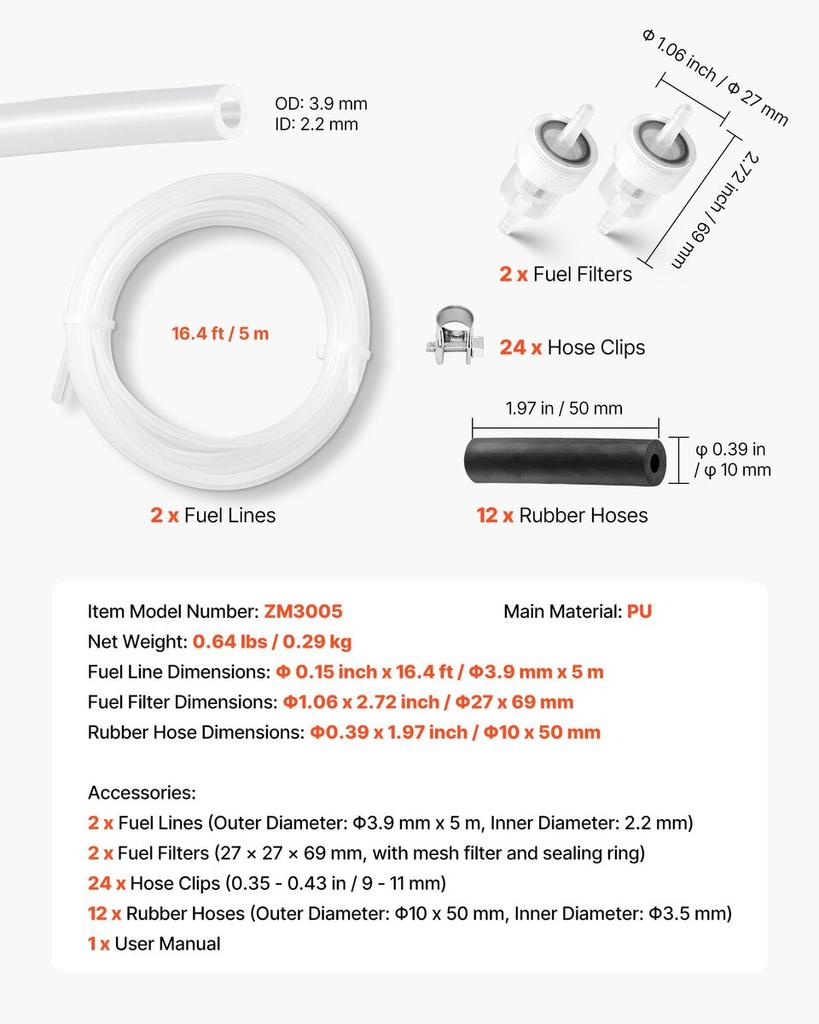 Fuel Pipe Hose Line Kit, 5000mm Diesel Heater Fuel Line Kit, Replaceable Parking Heater Fuels Lines Kits with Lines Filters Clips & Hoses, Tank Diesel