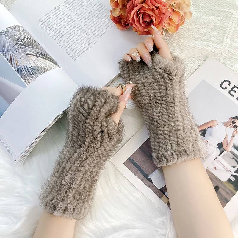 Real Mink Fur Gloves Winter Women's Half Finger Fur Gloves Thickened Handmade Mink Fur Gloves Lady Outdoor Warm Fur Gloves
