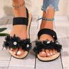 Women's Summer Flat Sandals 2025 Black Round Open Toe Elastic Band Shoes Floral Comfortable Women's Beach Sandals