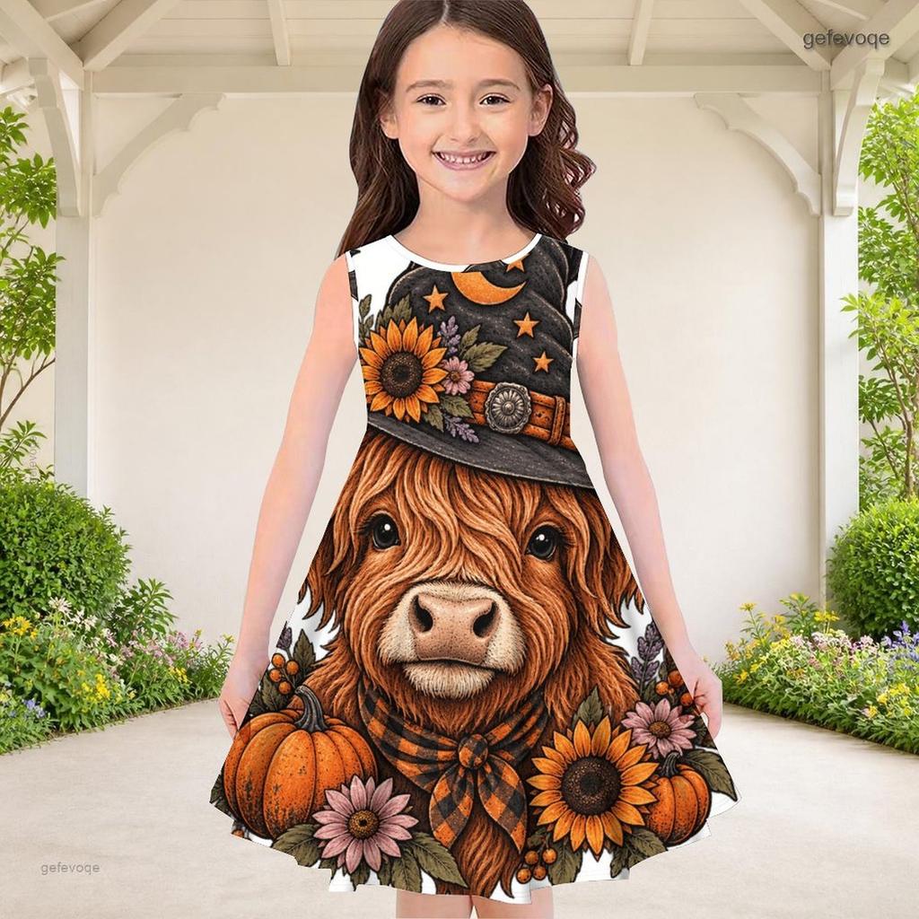 Little Girls Round Neck Sleeveless Printed A Line Flared Hem Dress Cute Bear Pumpkin Pattern
