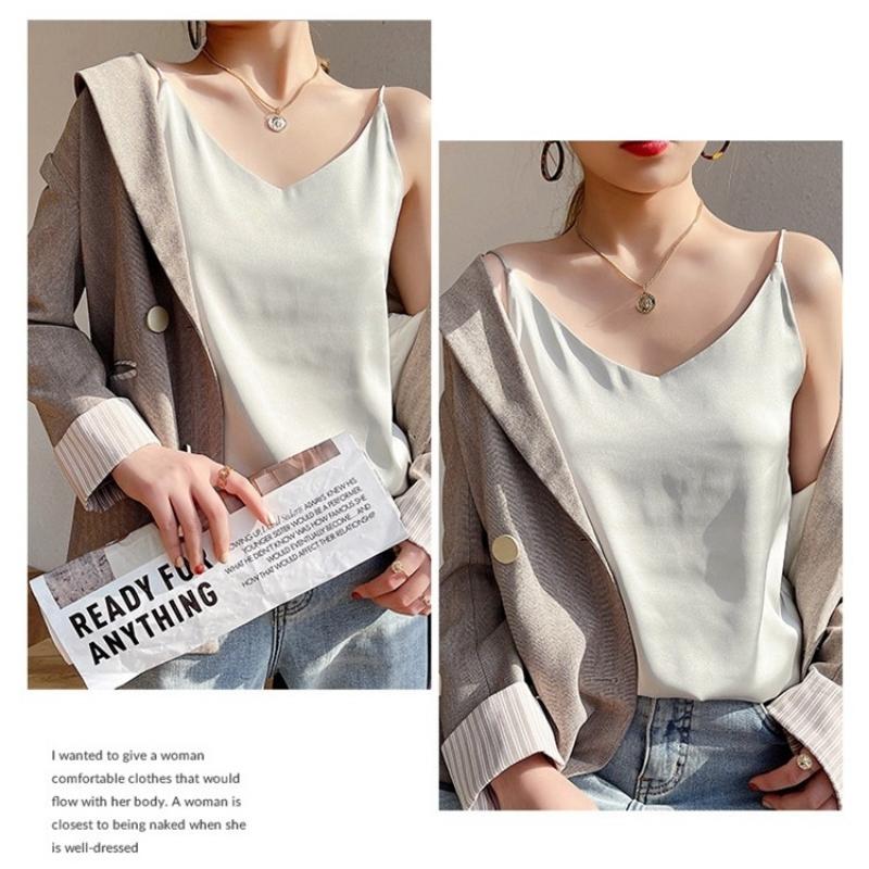 Women's V-Neck Sleeveless Camisole Top Satin Acetate Blend Inner Outer Wear Elegant Style with Suit for Summer Fashion