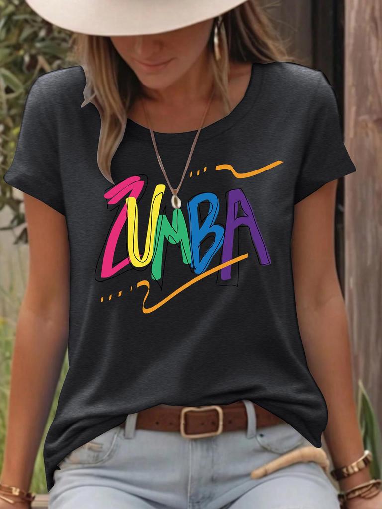 Damen Buntes ZUMB Print Locker Geschnittenes Kurzarm T-Shirt