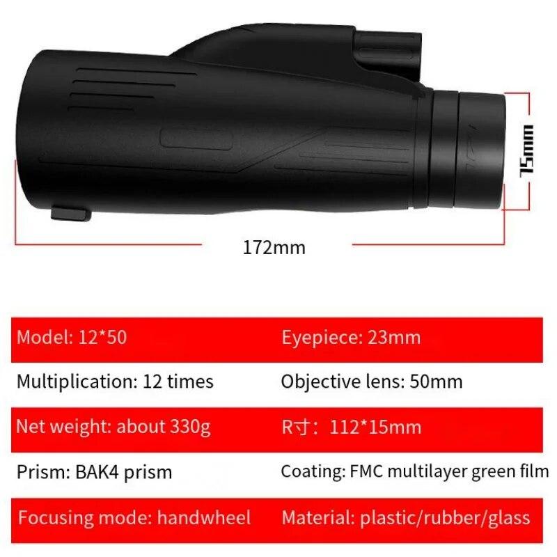 Powerful Monocular 12×50 Low-light Night Vision Monocular Long Reach Portable Telescope High Magnification Professional