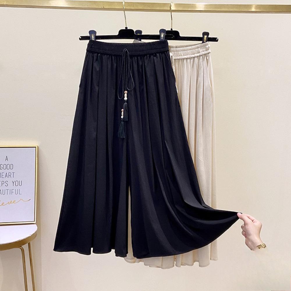 Women's High Waist Solid Color Seven Point Wide Leg Pants Loose Fit Elegant Ice Silk Culottes