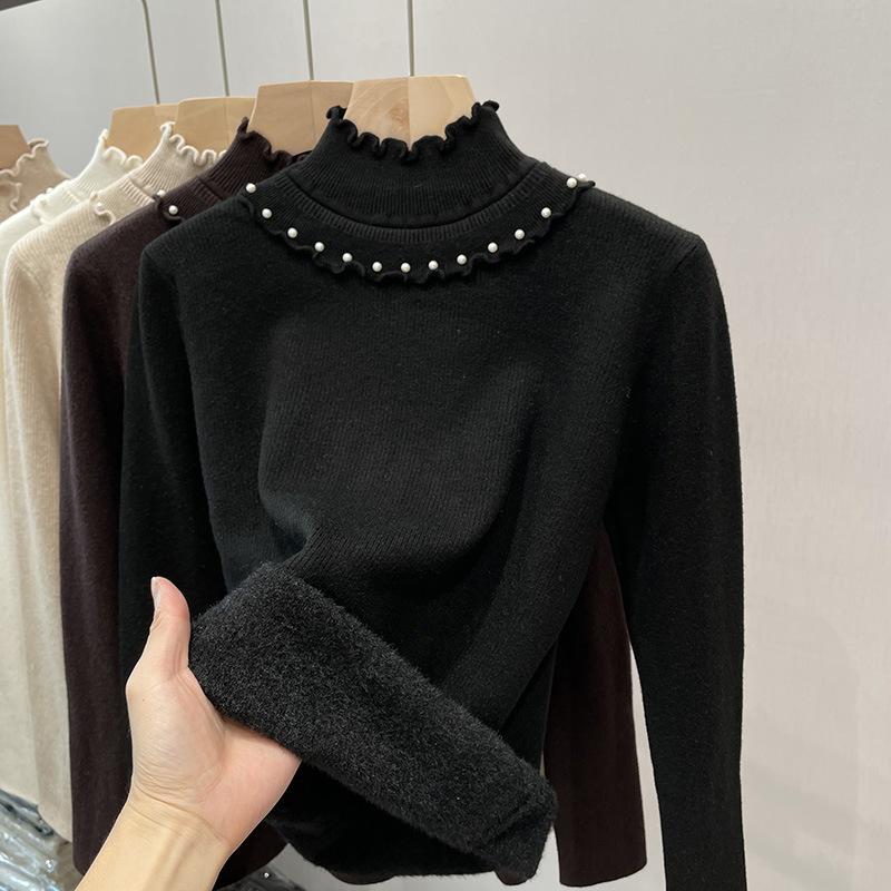 Half High Neck Sweater with Ruffle Edge Women's Solid Color One-piece Velvet Thick Knit Sweater Casual Loose Warm Pullover Autumn and Winter