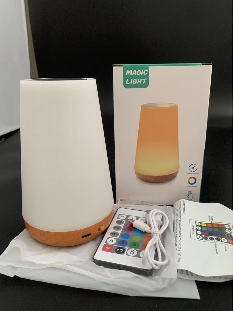 Wood Grain Touch Remote Bedside Table Lamp - 13-Color Night Light with Tap Control