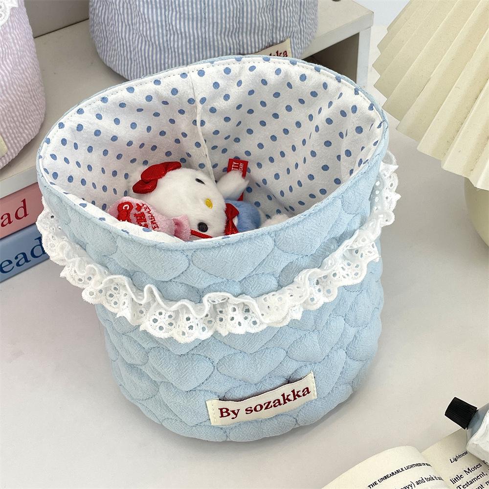 Korean Quilted Fabric Basket for Girls - Round Storage Organizer for Toys and Snacks.
