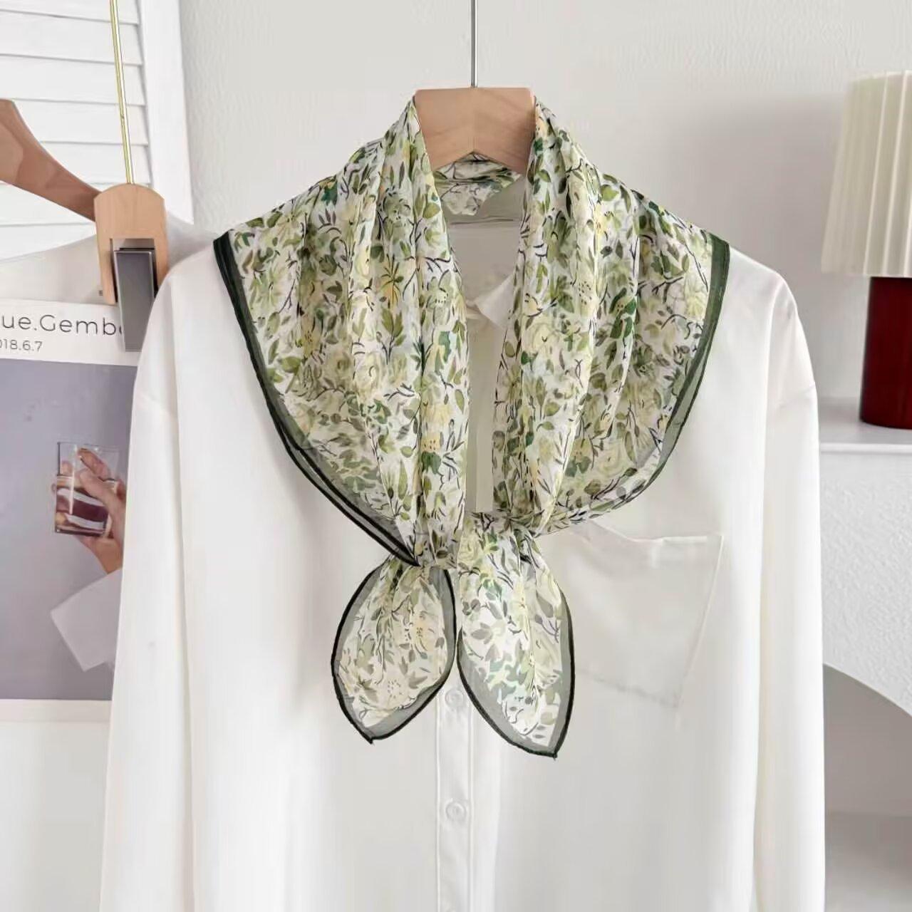 Spring and summer silk chiffon square scarf French floral light mulberry silk silk scarf women s versatile decorative sunscreen small scarf 65