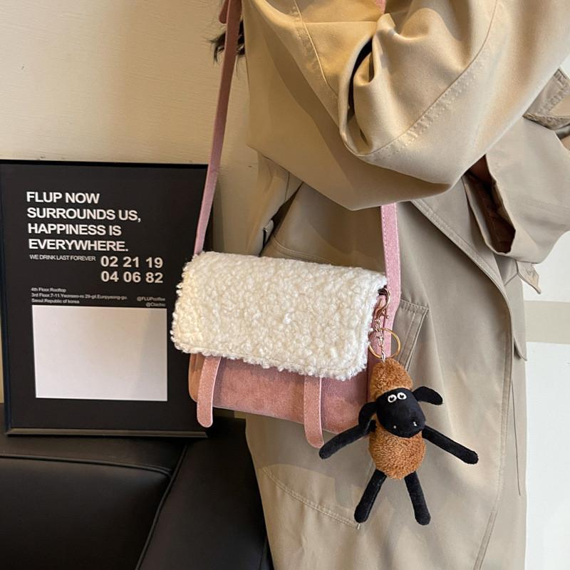 Urban Minimalist Style Pu Tote Bag Medium Size Plush Color Block Patchwork Bag розовый