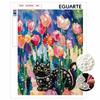 5D Pearl Painting Kit Framed with Black Cat and Tulip Flower Design Sparkling Bead Art Canvas DIY Relaxing Craft for Wall Decor Gift
