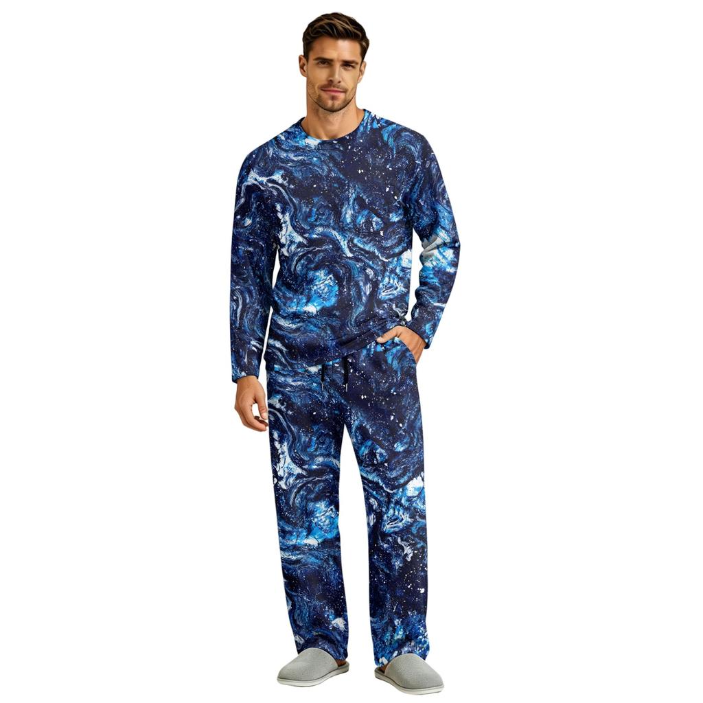 Men's Pajama Set Long Sleeve Top and Long Pants with Button Crotch and Elastic Drawstring Waist for Home Loungewear