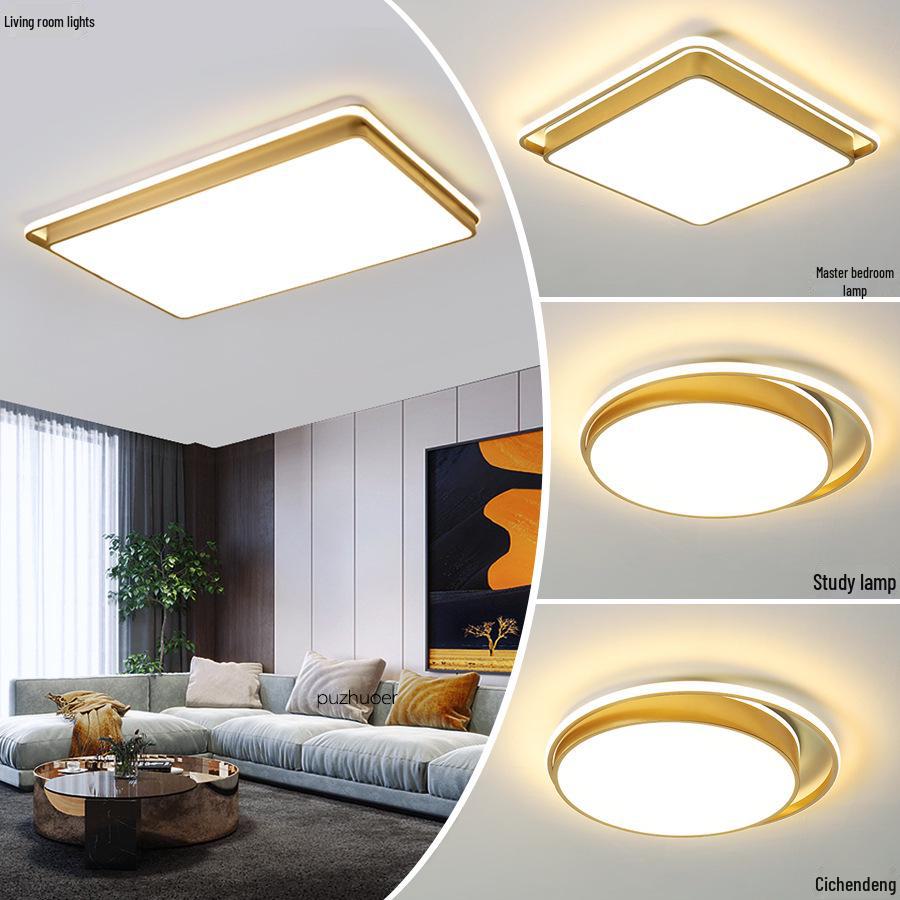 Gold Rectangular Ceiling Lamp Set for Living and Bedrooms