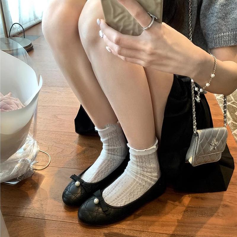 Sheepskin Version~ The Same Pearl Bow Diamond Flat Leather Single Shoes Women's Ballet Shoes