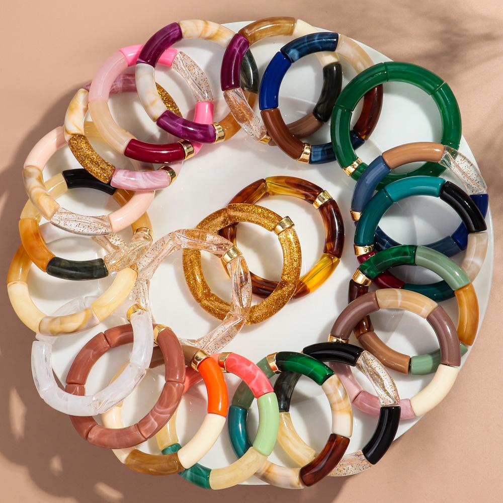 Nieuwe Grote Bamboe Buis Acryl Stapelarmband voor Vrouwen Mannen Vintage Kleurrijk Hars Dikke Elleboog Kralen Elastische Armband Koppel Sieraden