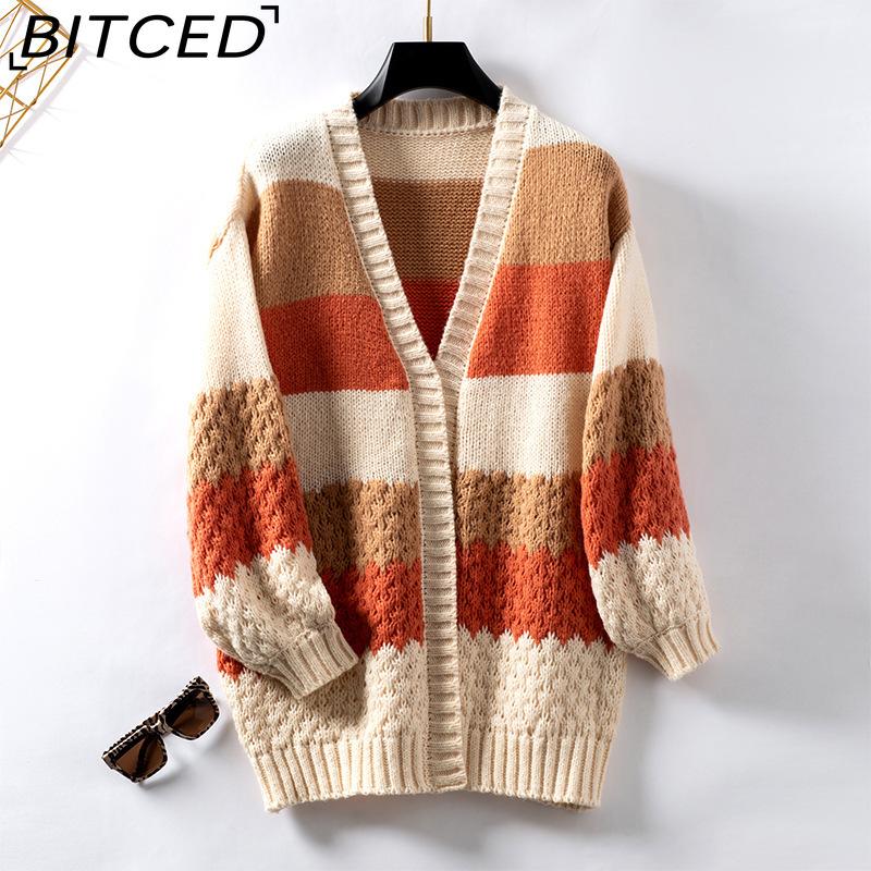 BITCED Colour-Block Striped Cardigan for Women Autumn/Winter Casual Oversized Knitwear with Bell Sleeves