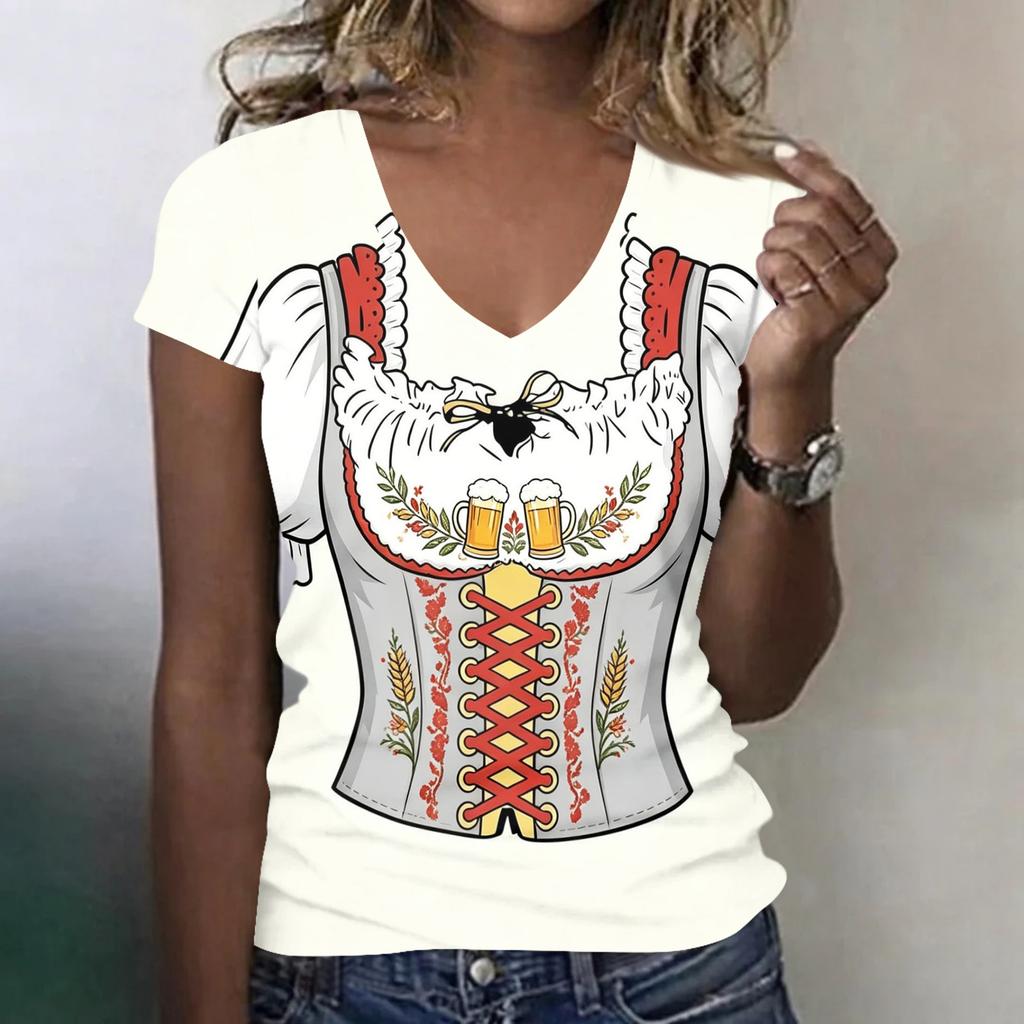 Camiseta casual para mujer con cuello en V y manga corta, top con estampado de Oktoberfest, diseño inspirado en el disfraz de Oktoberfest, tejido ligero y transpirable
