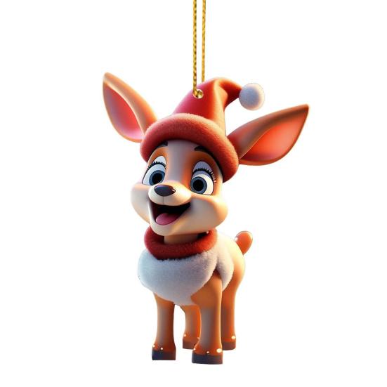 2D Flat Acrylic Elk Pendant Cartoon Deer Christmas Tree Decoration Car Rearview Mirror Hanging Charm for Auto Interior Accessories Xmas Tree Decor