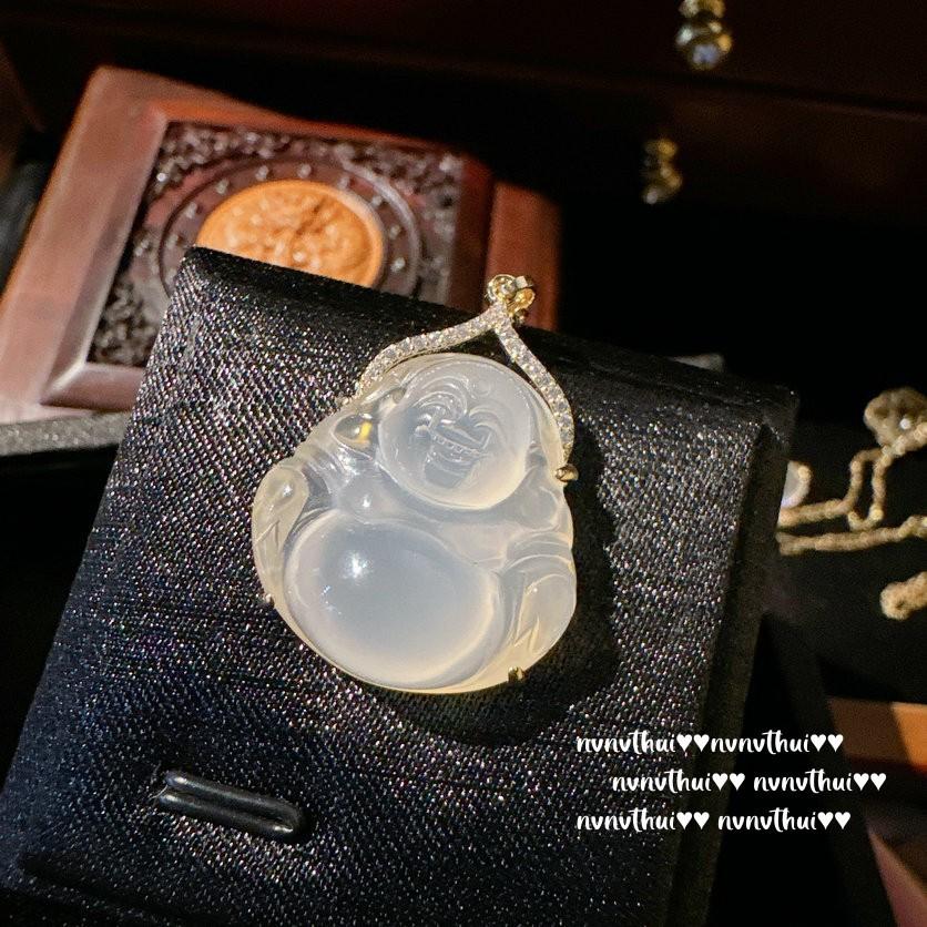 Colar de Pedra Gema Cabacinha de Calcedônia Branca Congelada Lichia Espírito da Água Espírito da Água Banhado a Ouro 18K, Colar de Zircônia de Calcedônia Folha de Gelo