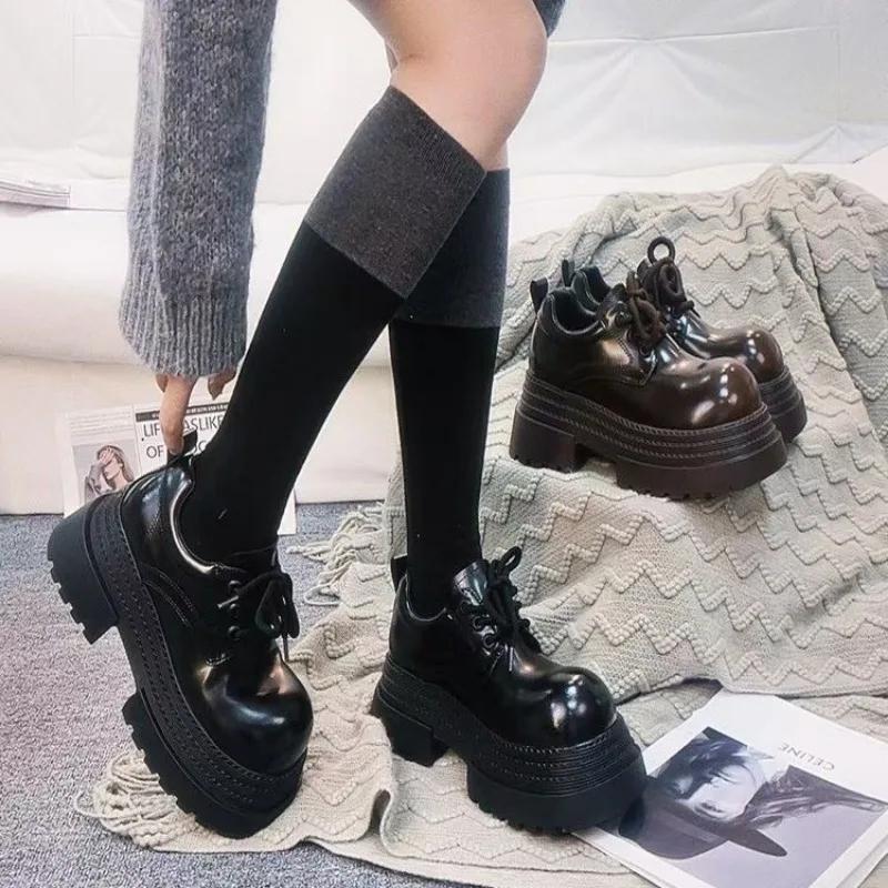Fashion Women's Fashion Thick Heel Shoes Spring New Round Head Deep Mouth Front Lacing Thick Soles Non-slip Low-top Shoes