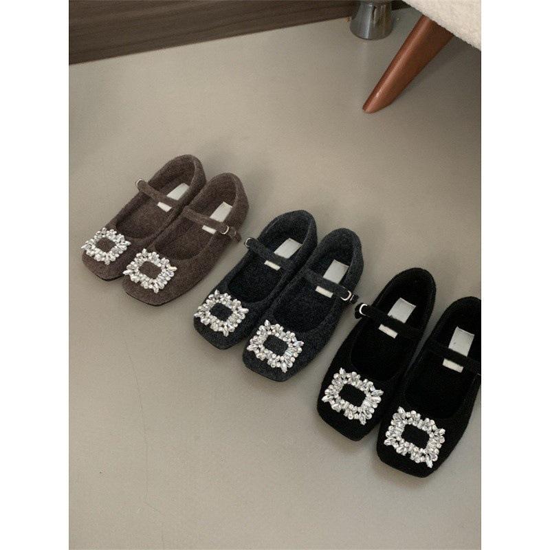 Flat season velvet square buckle rhinestone fluffy shoes femininity Mary Jane single shoes thermal cotton shoes