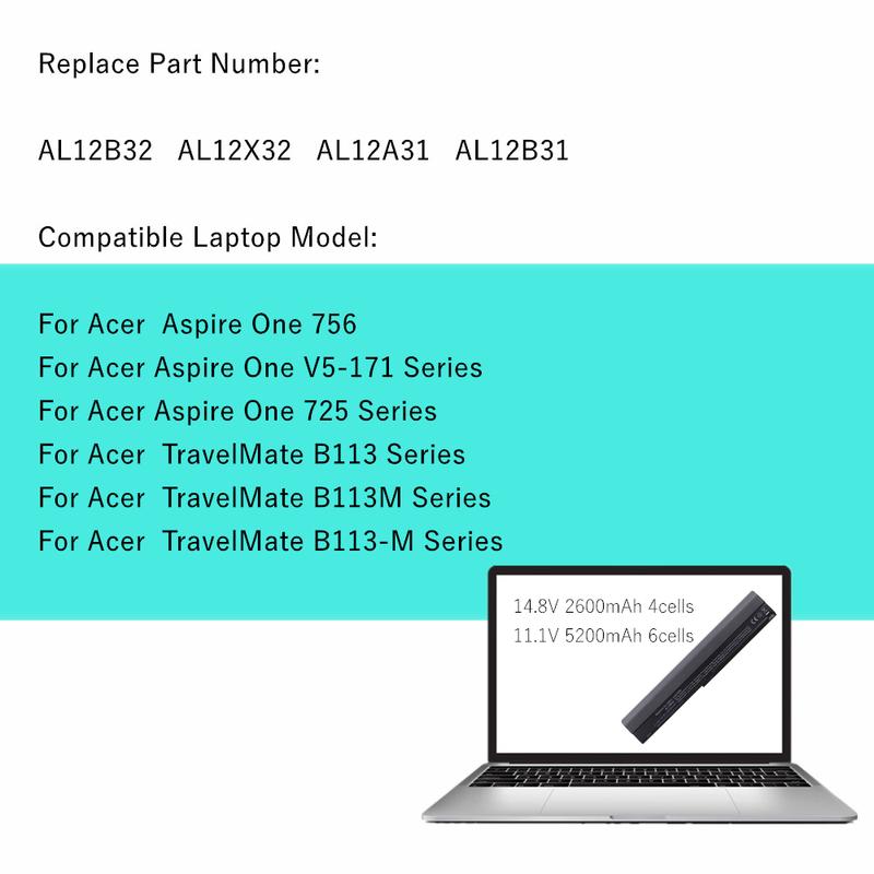 6 CELLS Laptop Battery For Acer Aspire One 725 756 V5-171 AL12X32 AL12A31 AL12B31 AL12B32 TravelMate B113 C710 Chromebook