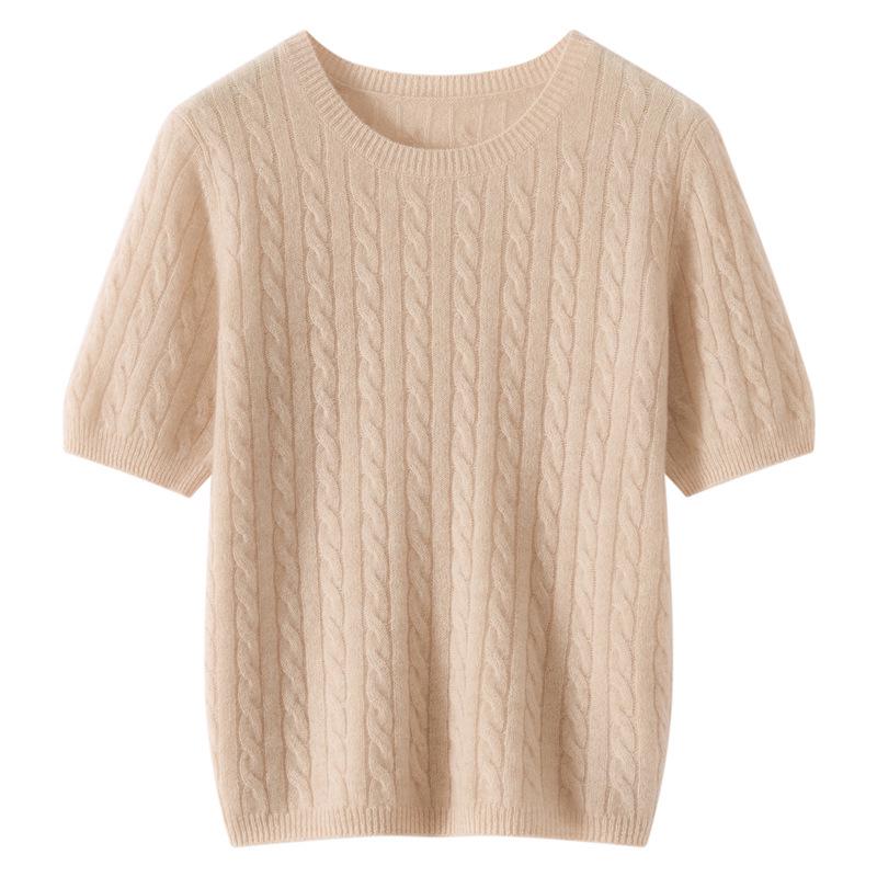 Women's 100% Cashmere Short Sleeve Cable Knit Pullover, Round Neck, Solid Color