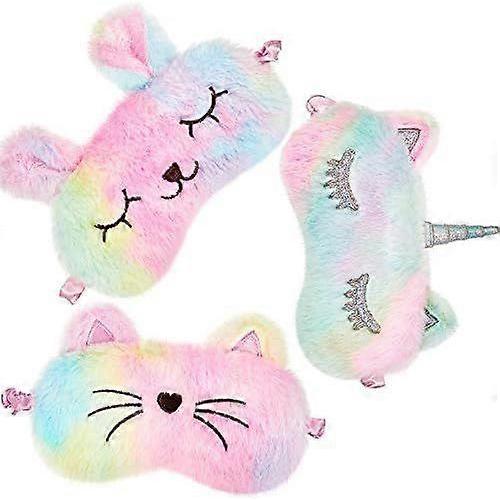 3 Pieces Sleep Mask for Kids, Girls Plush Sleeping Eye Cover Soft Eye Blindfold Cover Animal Shade for Kids(Rainbow Color,Bunny, Cat and Unicorn Style