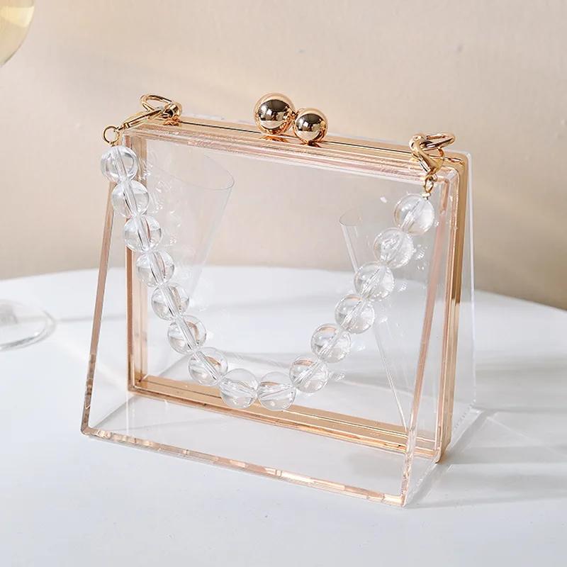 Acrylic Transparent Handbag Fashion Dinner Bag New Pearl Chain Women s Evening Clutch Wallets Women s Purses Clear Shoulder Bags золотой