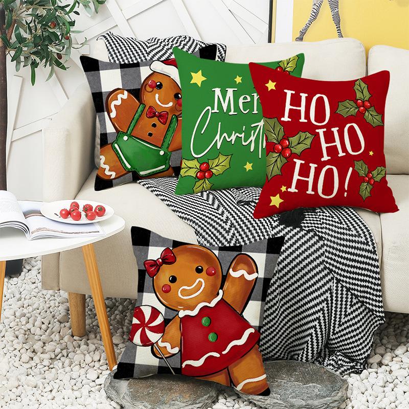 New Christmas Gingerbread Man Linen Cushion Printed Backrest Home Cushion Pillow Cover