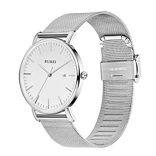 BUREI Men's Analog Quartz Watch, Waterproof, Date Display, Silver, Popular Brand, Simple and Stylish Business Watch with Milanese Mesh Strap [Parallel
