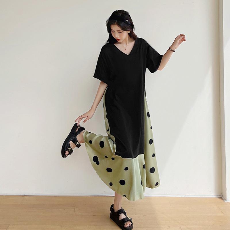 YYFS Damenmode Sommer Frühling Polka Dot Print Kurzarm V-Ausschnitt Lockere Taille Freizeitkleider