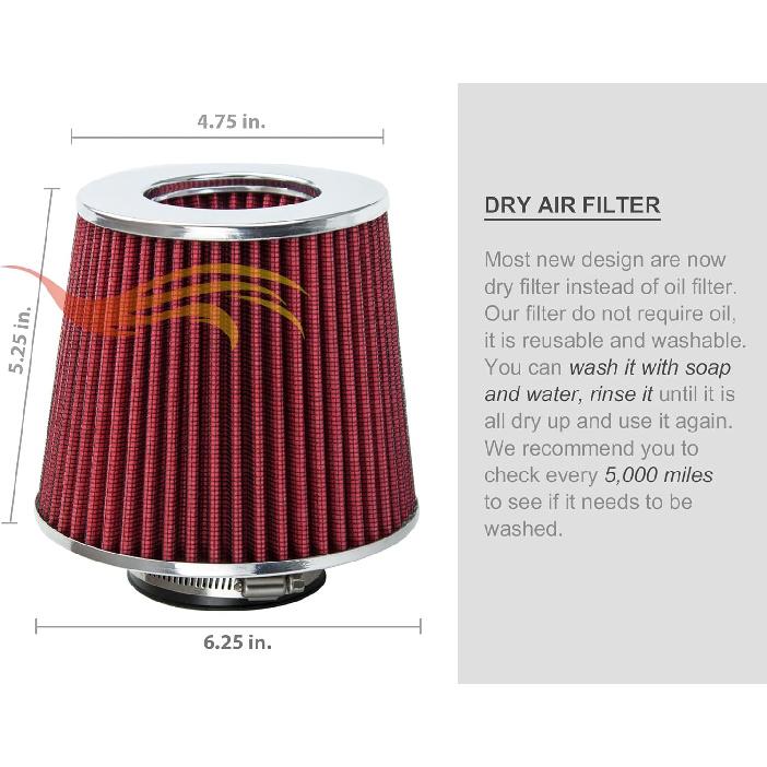 RED 3.5" 89 Mm Inlet Cold Air INTAKE Cone Replacement Performance Washable Clamp-On Dry Air Filter