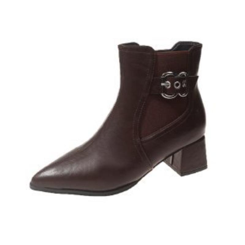 Autumn and winter new short boots women's pointed thick heel belt buckle short boots medium heel elastic short boots