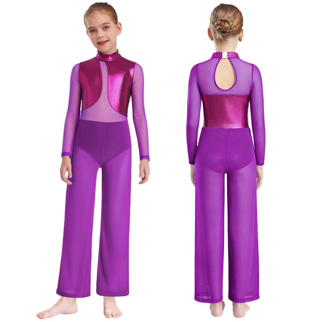 Transparenter Netz-Jumpsuit mit weitem Bein und Metallic-Effekt für Mädchen: Langarm Ganzkörper-Trikot mit Schlüsselloch-Rücken für Gymnastik und Bühnenauftritte