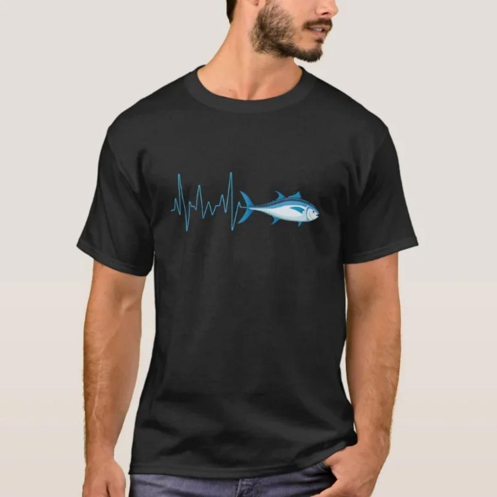 Thon Rouge Battement de Cœur EKG Ligne de Pouls Poisson des Profondeurs T-shirt 100% Coton Col Rond Été Manches Courtes Décontracté Homme Taille S-3XL