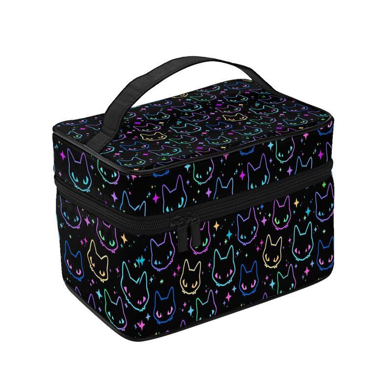 Goth Makeup Train Bag Colorful Neon Cat Heads Makeup Organizer Bags Toiletry Bag Travel Cosmetic Bags for Women Girls Ladies