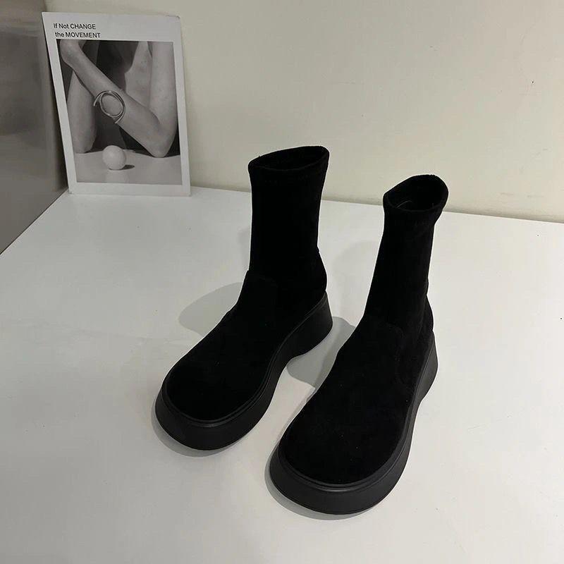 Increase the Sense of Women's Boots Martin Boots Elastic Shit Thick Bottom Flat Bottom Step On Short Boots Women