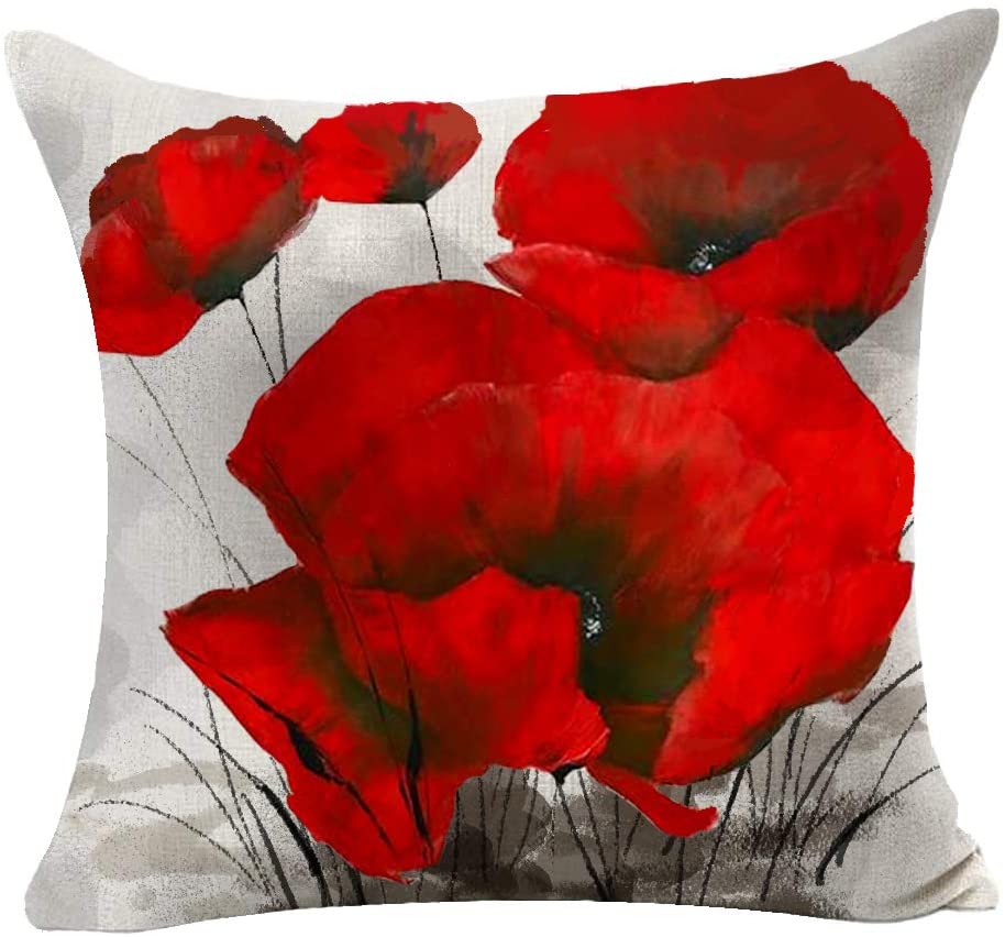 Charming Retro Watercolor Oil Painting Red Poppy Cotton Linen Throw Pillow Case Cushion Cover New Home Office Indoor Decorative